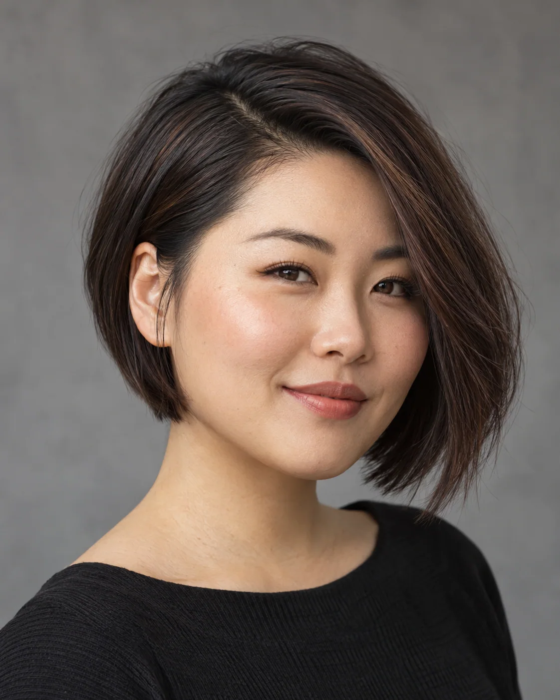 Smooth asymmetrical bob with a deep side part
