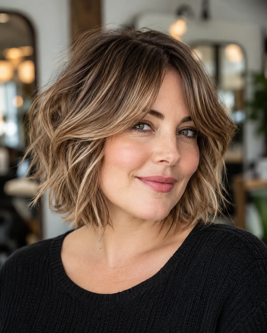 Shaggy bob with airy layers and curtain bangs