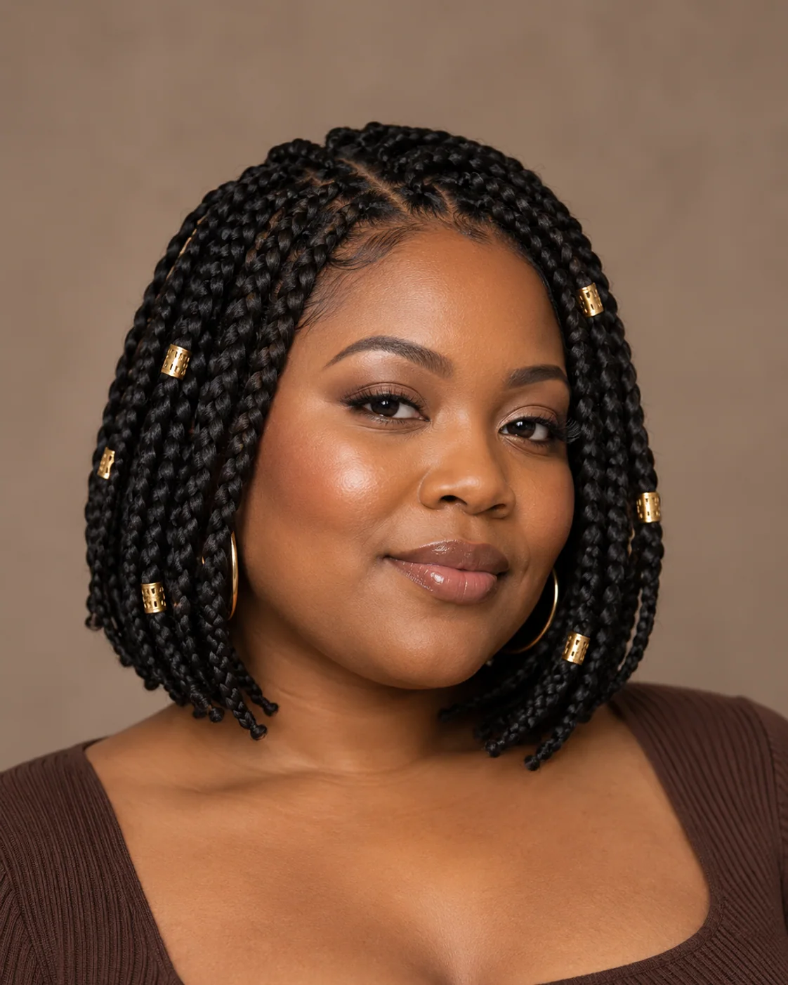 Jaw-length box-braid bob with subtle gold cuffs