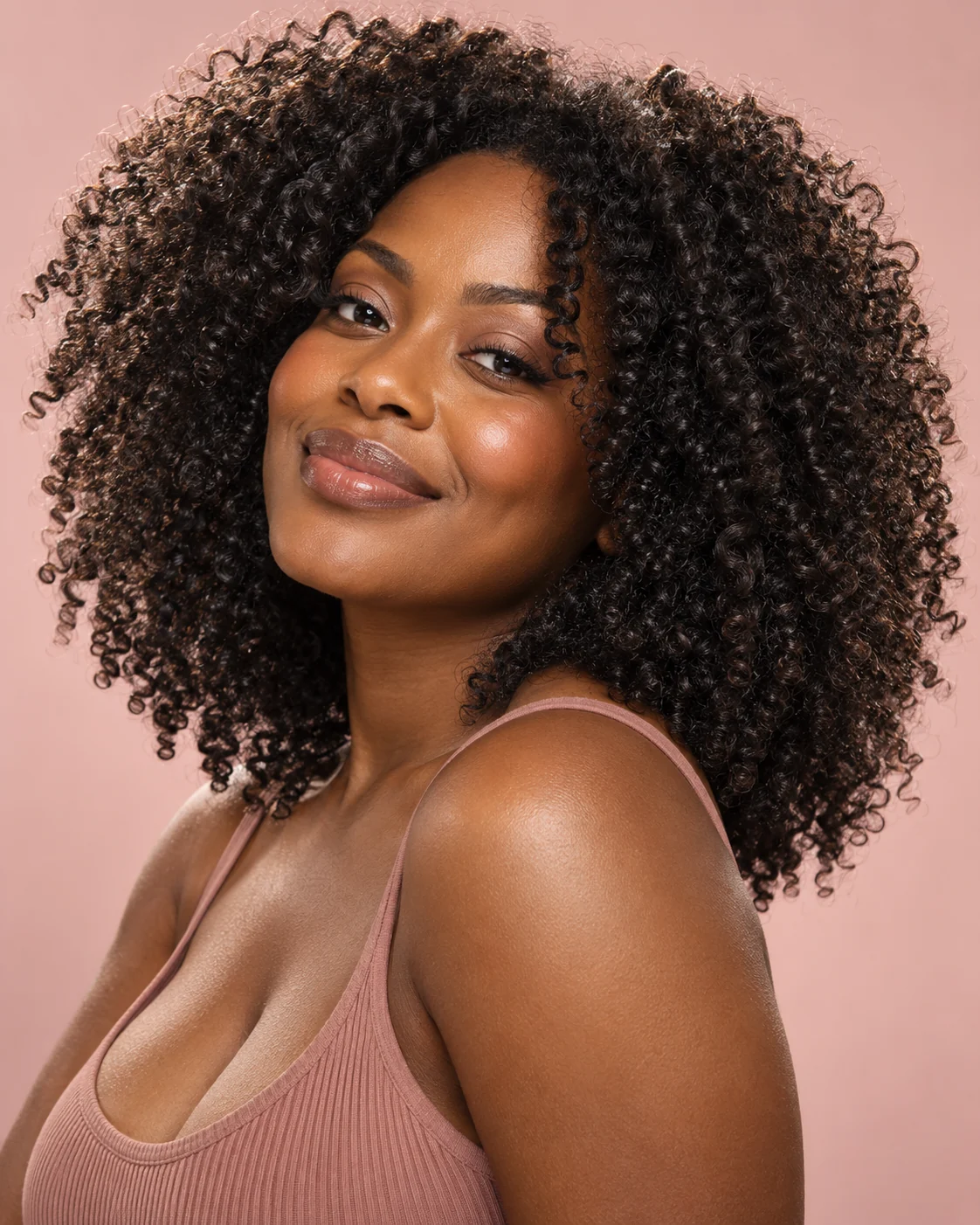 Woman with defined natural curls and coils