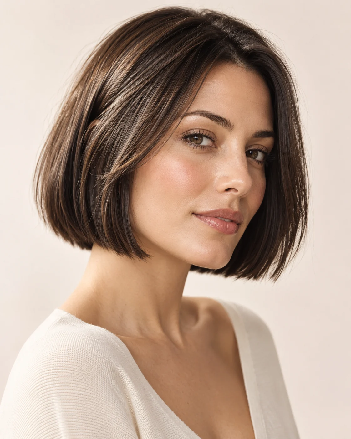 Woman with a precise brunette bob haircut