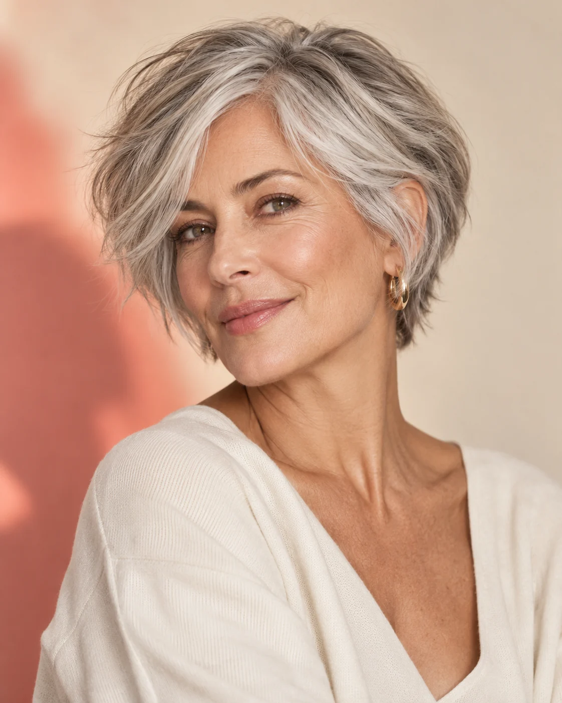 Stylish mature woman with a modern silver pixie bob