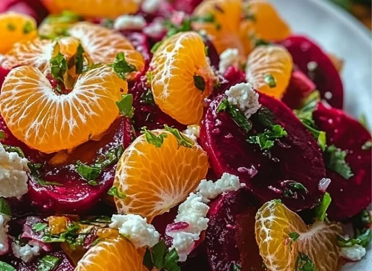 Colorful beet and orange summer salad with greens and dressing