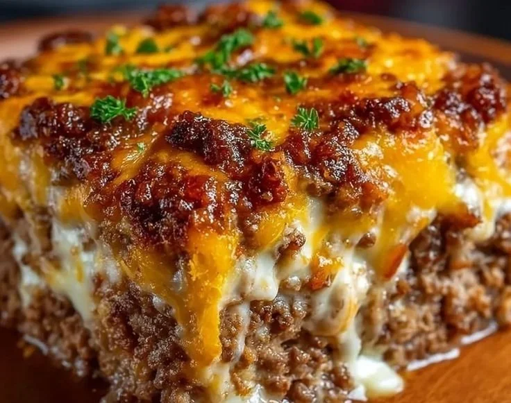 Cheesy Meatloaf Casserole baked dish with melted cheese