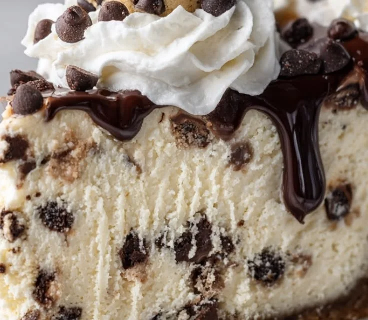 Slice of chocolate chip cookie dough cheesecake topped with cookie dough pieces