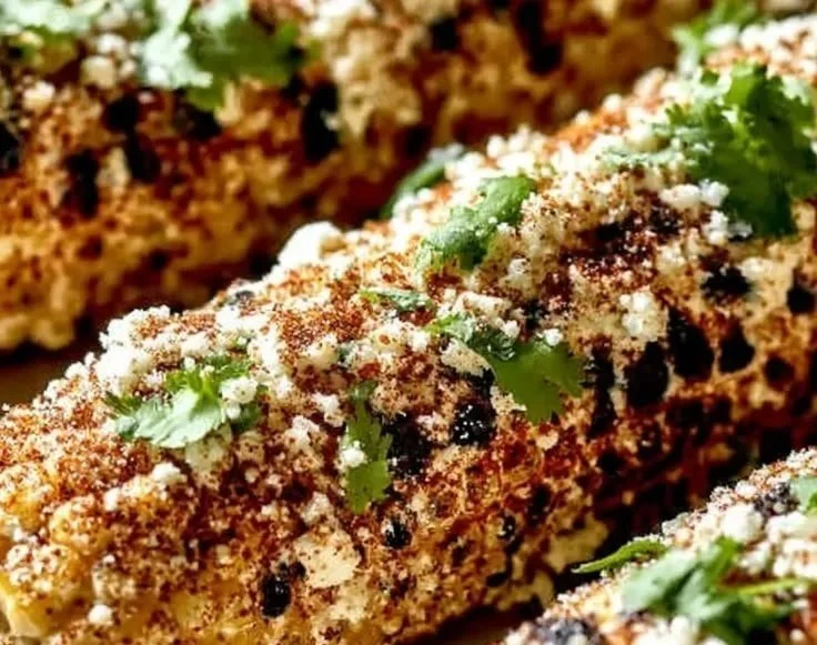 Delicious Mexican street corn served on a wooden table with seasonings.