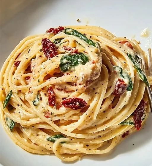 Creamy sun-dried tomato pasta with spinach served on a plate