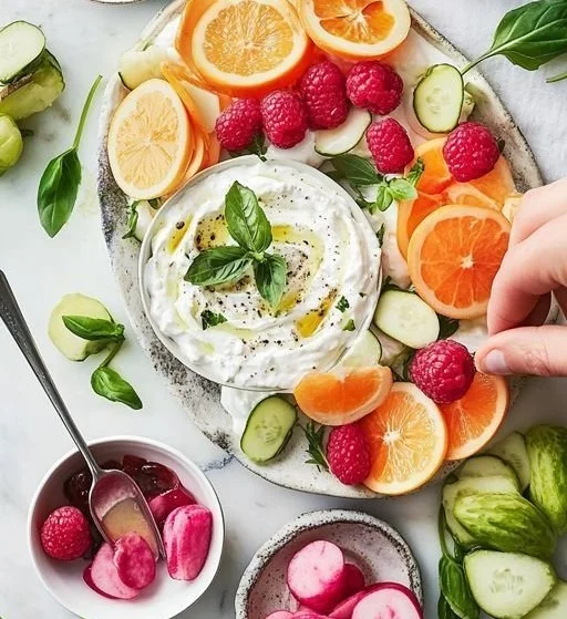 Creamy whipped feta dip served on a stylish board with fresh vegetables and crackers