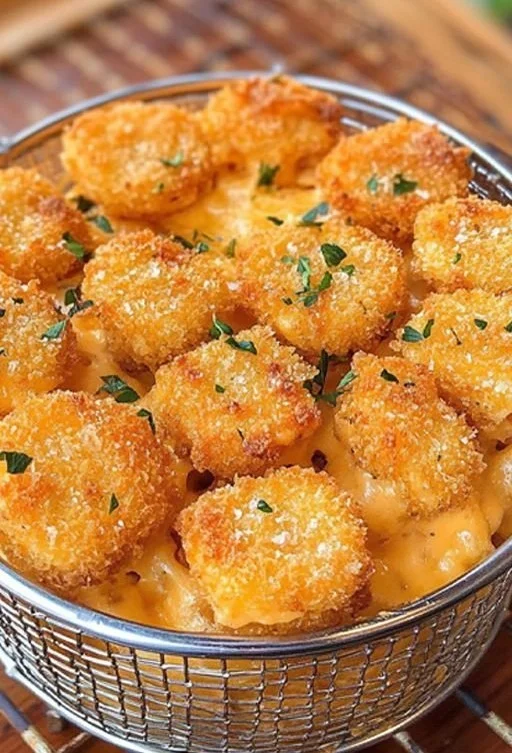 Crispy fried mac and cheese bites served in a bowl