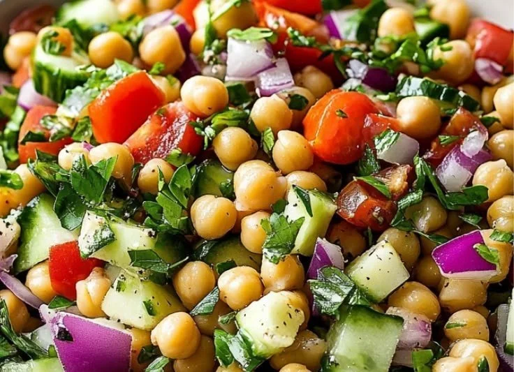Delicious Mediterranean Chickpea Salad with fresh vegetables and herbs