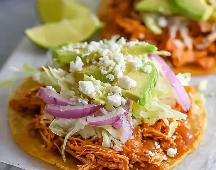 Delicious Easy Chicken Tinga Tostadas topped with fresh ingredients
