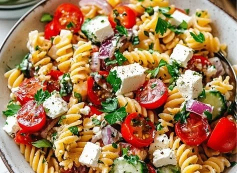 Bowl of easy summer Greek Pasta Salad with fresh vegetables and feta cheese.