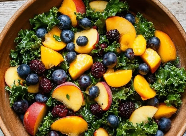 Fresh Peach Blueberry Kale Salad with colorful fruits and greens