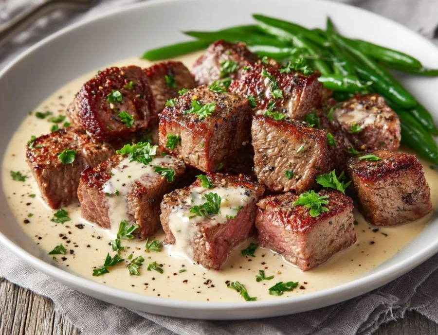 Delicious Garlic Butter Steak topped with creamy Parmesan sauce on a plate.