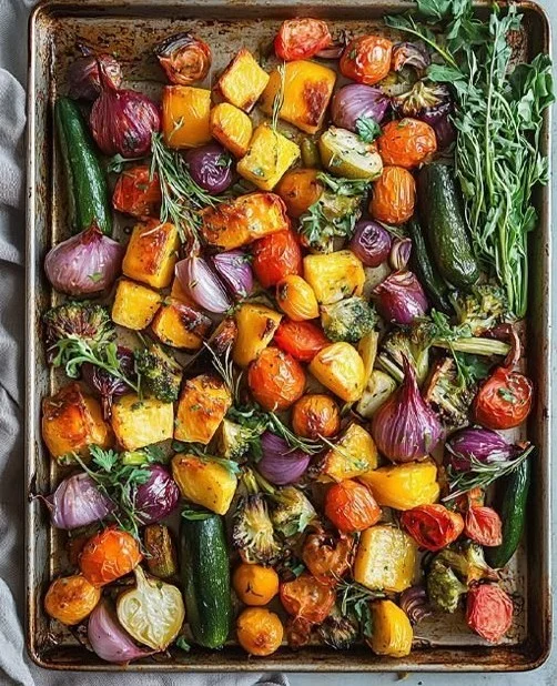 Colorful assortment of healthy sheet pan veggies ready to be served.