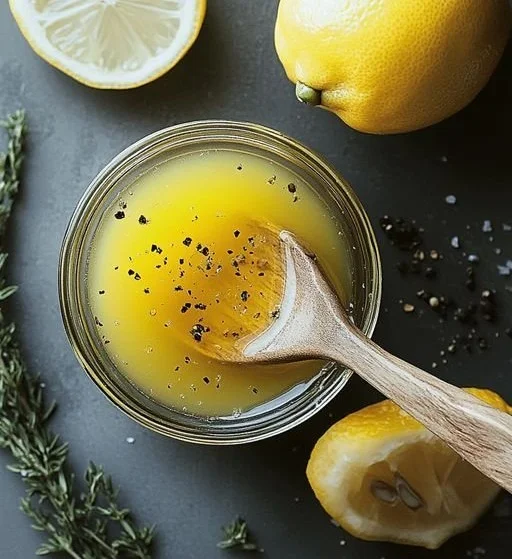Homemade Lemon Vinaigrette Dressing in a glass jar with fresh lemons