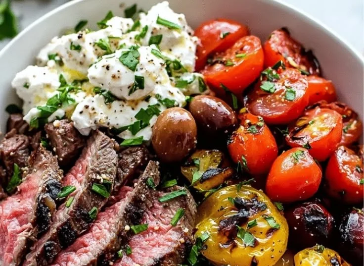 Mediterranean steak bowl with fresh vegetables and grilled steak