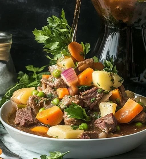 Delicious old-fashioned beef stew served with vegetables