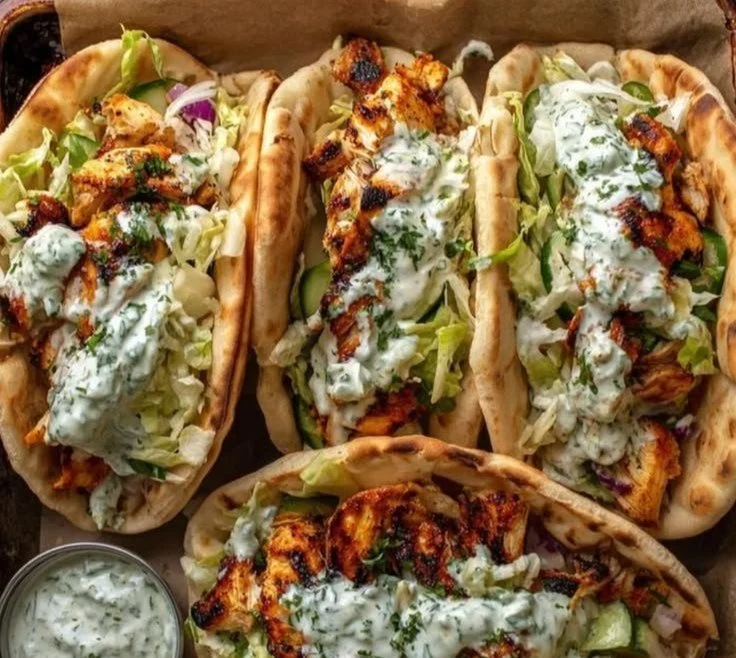 Sheet pan chicken pitas topped with herby ranch dressing and fresh veggies.