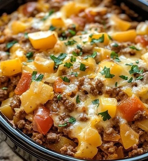 Delicious Slow Cooker Cowboy Casserole with meat, beans, and cheese