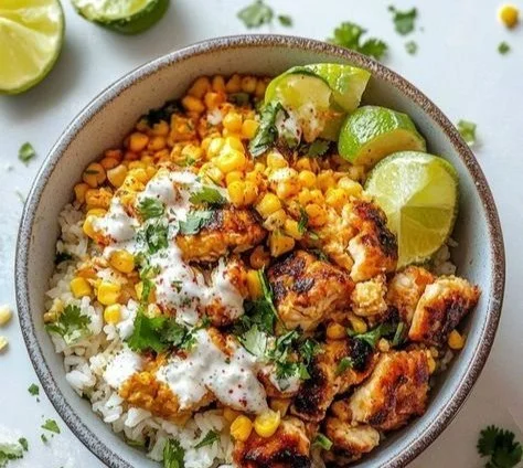 Delicious Street Corn Chicken Rice Bowl topped with fresh ingredients.