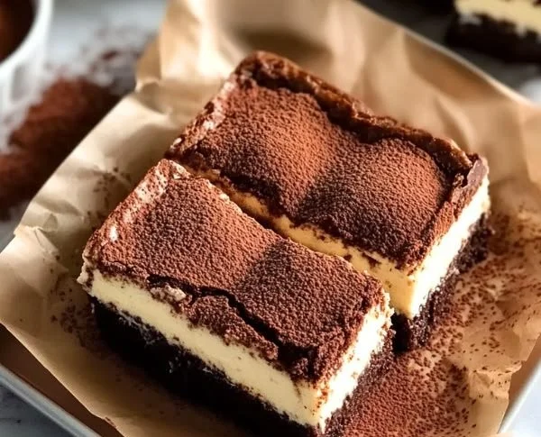 Vegan tiramisu cheesecake brownies topped with cocoa and coffee flavor