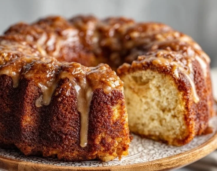 Delicious homemade apple cider donut cake topped with cinnamon sugar.