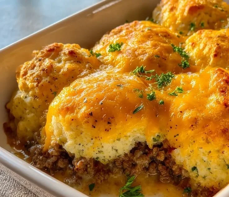 Cheddar Bay Beef Hamburger Casserole served in a hearty dish