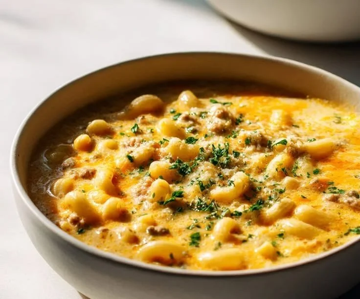 Bowl of cheesy beef macaroni soup topped with herbs and cheese