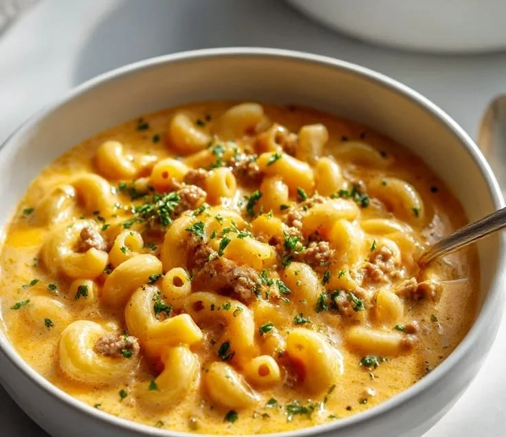 Cheesy Beef and Macaroni Soup