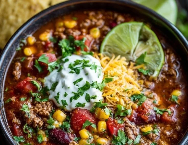 Delicious crock pot taco soup ready to serve for a cozy dinner