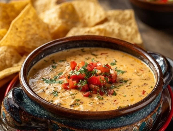 Creamy Crock Pot white cheese dip served with tortilla chips