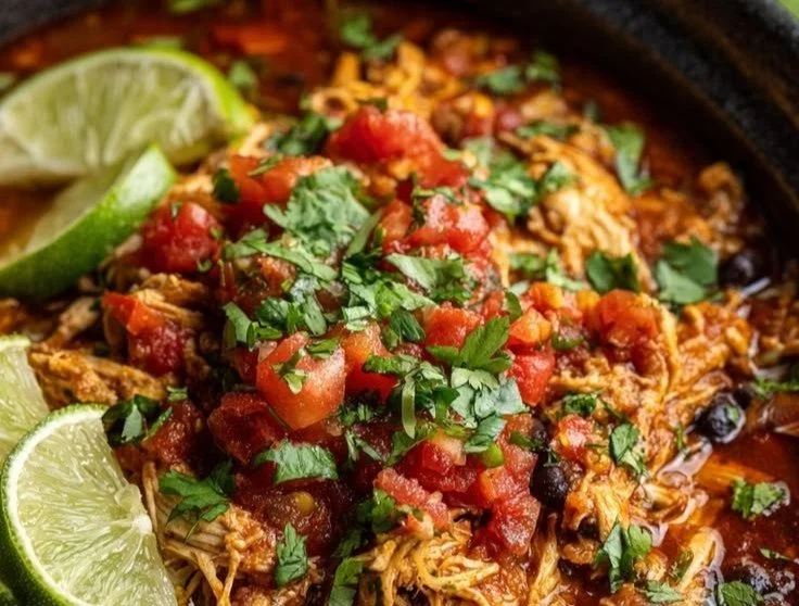 Delicious Crockpot Chicken Tacos served with fresh garnishes