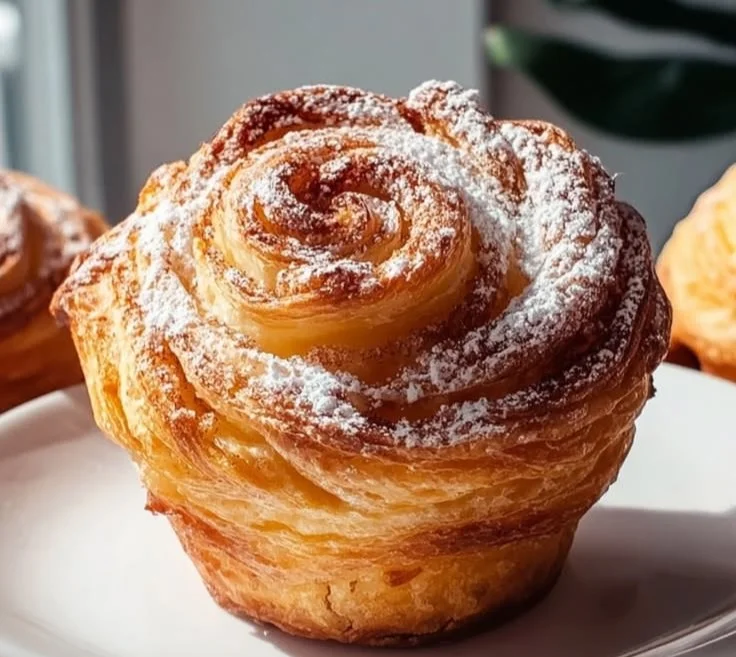 Freshly baked croissant muffins displayed on a wooden table