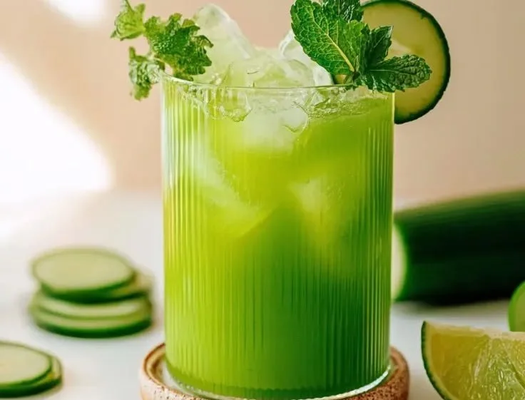 Refreshing glass of cucumber lime water with fresh slices and mint garnish