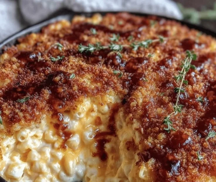 Cast Iron Skillet Mac and Cheese with crispy topping served in a skillet