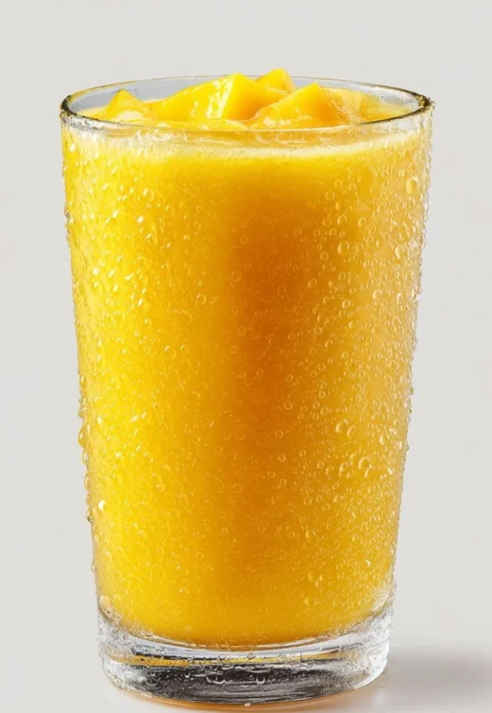 A glass of fresh mango juice with ripe mangoes and tropical leaves in the background.