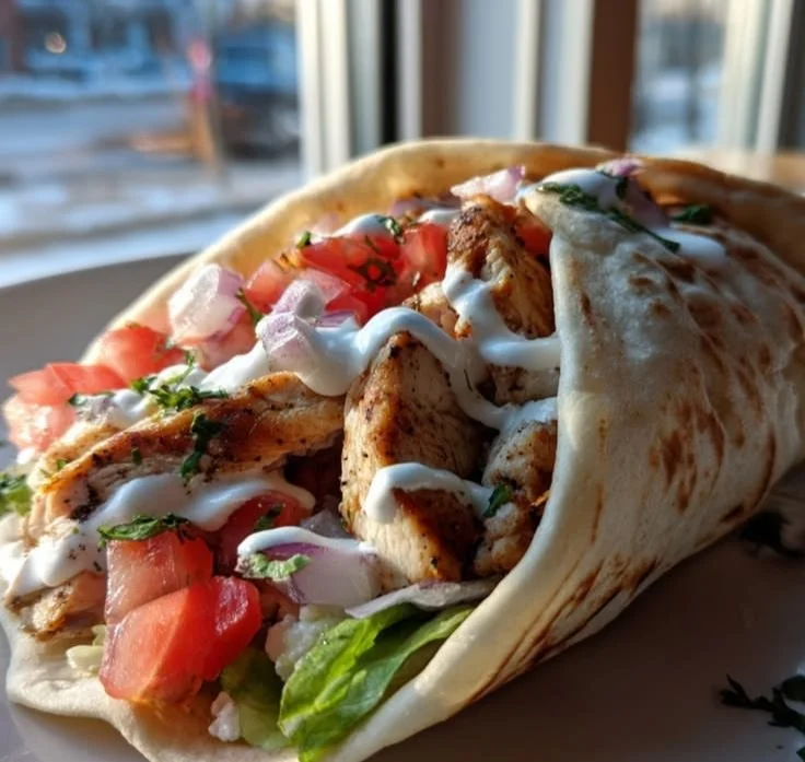 Grilled chicken pita filled with fresh vegetables and sauce