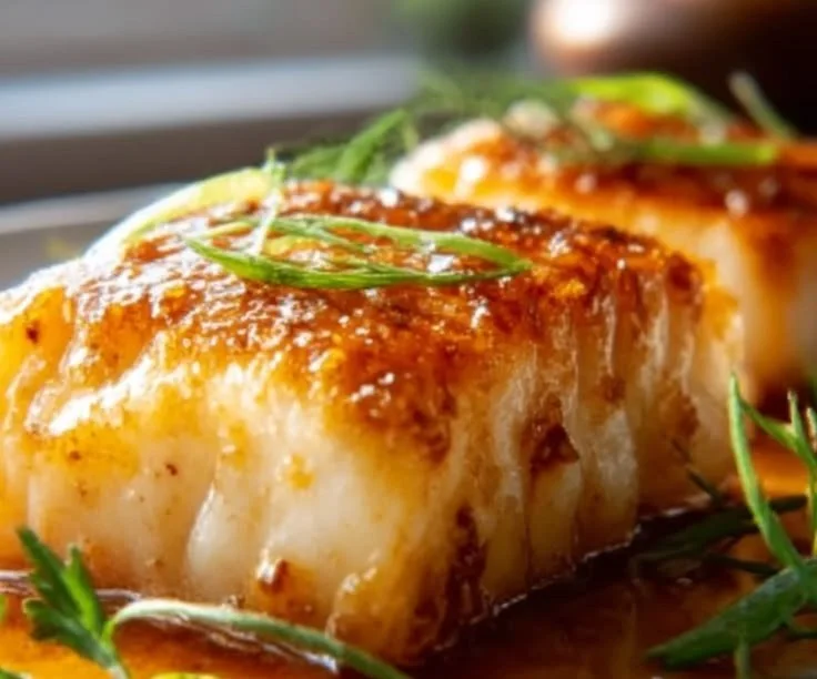 Delicious honey marinated cod served with fresh herbs and lemon wedges.