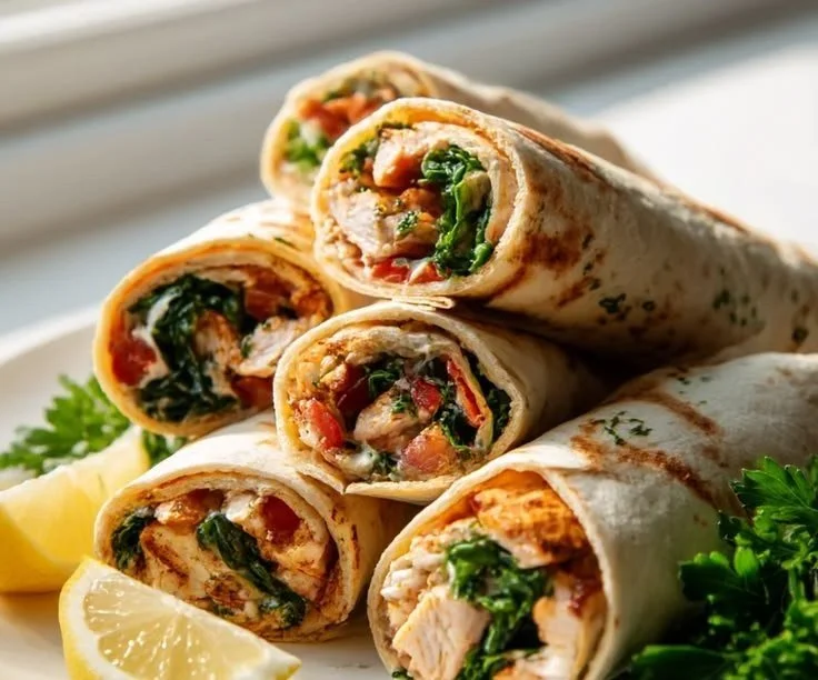 Lemon Herb Chicken Wraps with fresh vegetables and sauce