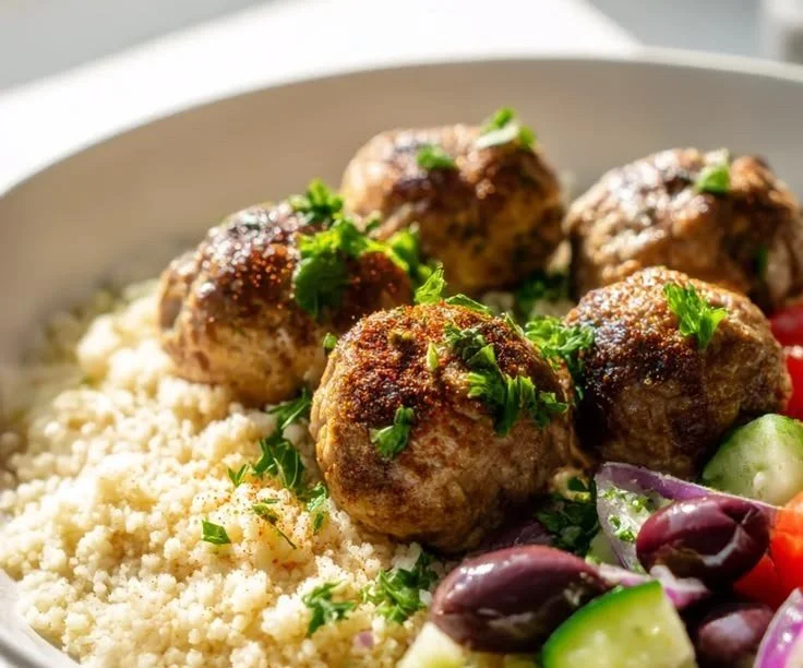 Mediterranean Beef Meatball Bowl served with fresh ingredients and sauce