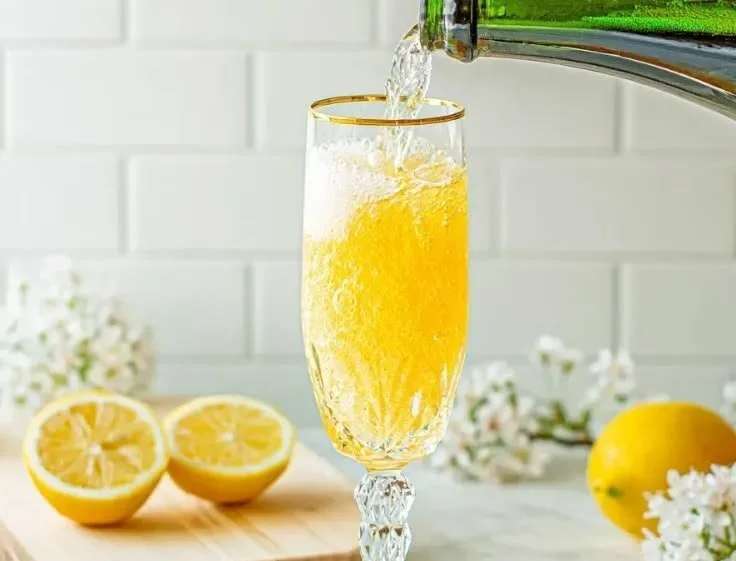 Refreshing Peach Bellini mocktail in a glass with fresh peach slices.