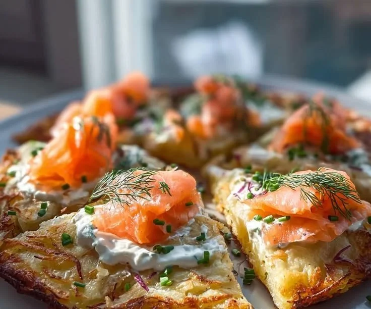 Potato Pizza topped with fresh salmon on a wooden table