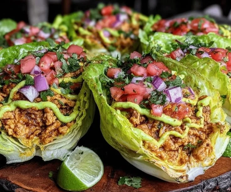 Low-carb turkey lettuce wraps tacos with avocado lime drizzle on a plate