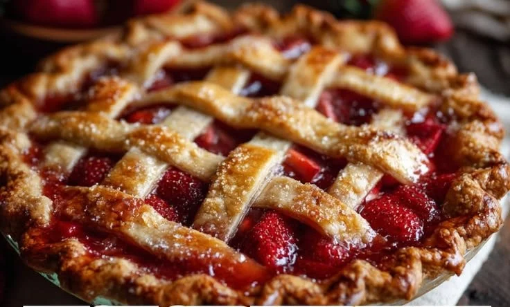 Homemade Strawberry Rhubarb Pie with fresh fruit filling and golden crust