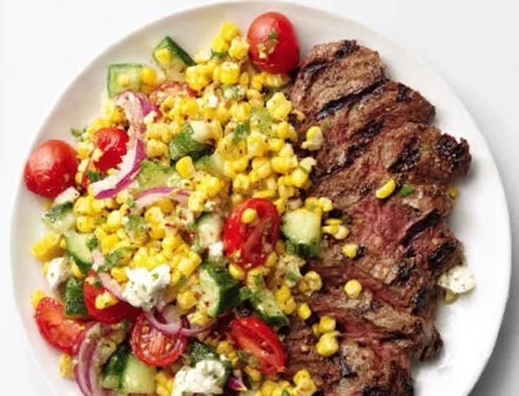 Summer steak salad with grilled corn and fresh vegetables in a bowl