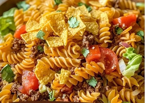 Taco Pasta Salad with Ground Beef in a vibrant bowl, topped with fresh ingredients.