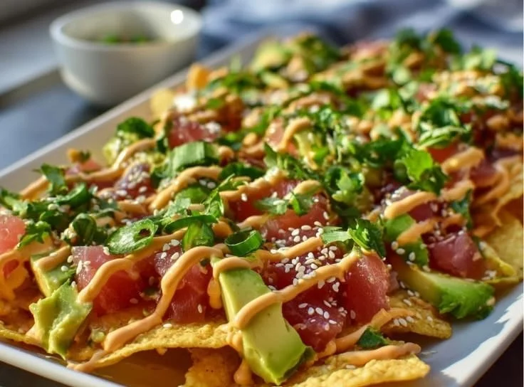Delicious tuna nachos served with toppings on a plate