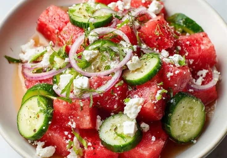 Refreshing Watermelon Cucumber Feta Salad served in a bowl