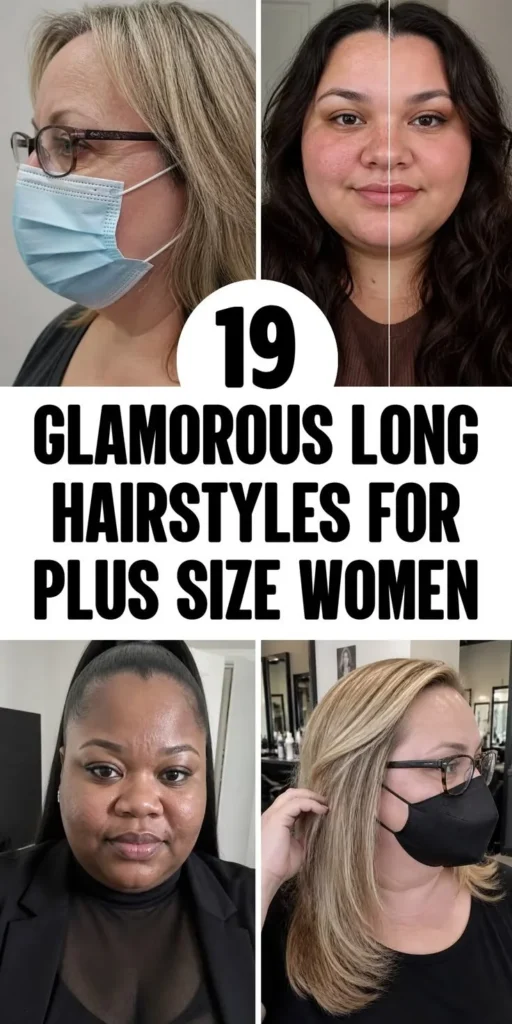 Glamorous long hairstyles for plus-size women showcasing various styles and looks.